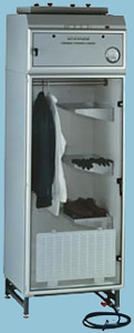 Shirts, gloves, and shoes labeled as toolmarked evidence hanging inside an enclosed cabinet