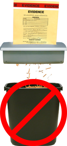 Image of a paper being shredded into a waste basket, the waste basket has a red circle with a slash through it.