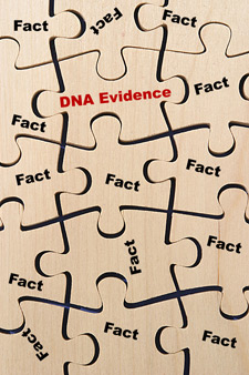 Image of puzzle pieces with DNA Evidence written in one.